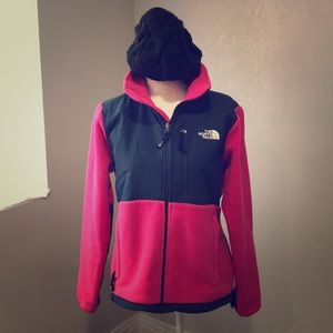 Blue and pink north face jacket